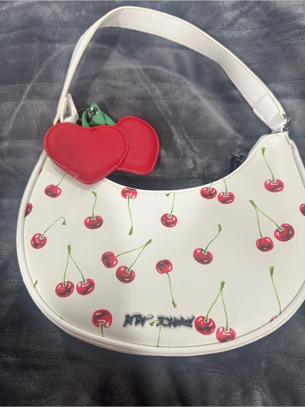 Betsey Johnson White Cherry Shoulder Bag with Red Heart Charm
